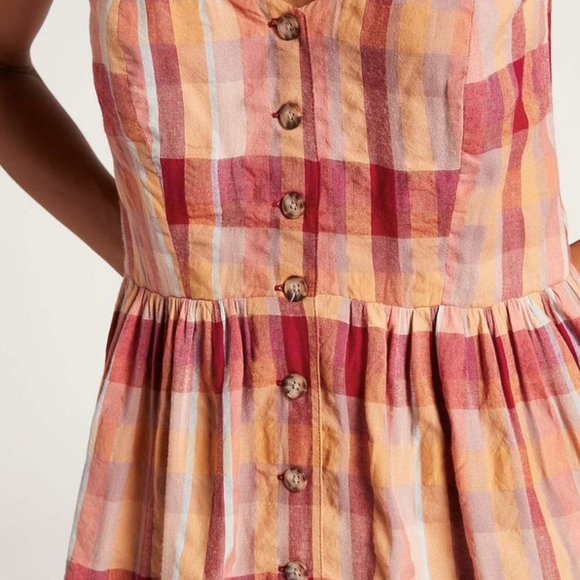 Volcom Auburn & Yellow Plaid NWT Madrasita Button-Front Sleeveless Dress SMALL - Picture 4 of 10